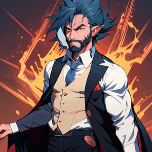 Male vampire, tan skin, shoulder length black hair, yellow eyes, pointy ears, full black beard which is neatly trimmed, wearing a red vest with gold buttons and trim, a white button down shirt underneath the vest, black suit pants, black cloak with gold trim, has a white ruffled jabot tie around his neck, HD, Smooth Animation, Anime style artwork