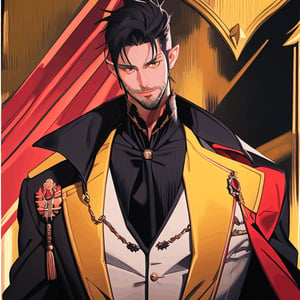 Male vampire, tan skin, long black hair, yellow eyes, pointy ears, full black beard which is neatly trimmed and kept, wearing a red vest with gold buttons and trim, a white button down shirt underneath the vest, black suit pants, black cloak with gold trim, has a white ruffled jabot tie around his neck, HD, Smooth Animation, Anime style artwork, cape blowing in the breeze