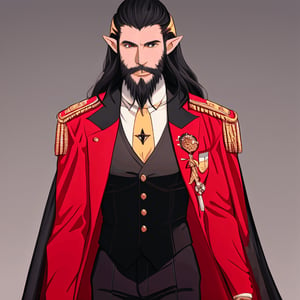 Male vampire, tan skin, long black hair, yellow eyes, pointy ears, full black beard which is neatly trimmed and kept, wearing a red vest with gold buttons and trim, a white button down shirt underneath the vest, black suit pants, black cloak with gold trim, has a white ruffled jabot tie around his neck, HD, Smooth Animation, Anime style artwork, cape blowing in the breeze