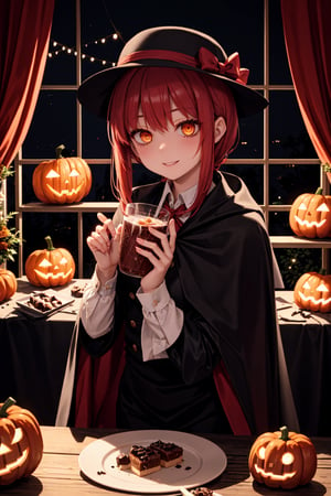 makima, donning a dashing vampire costume, stands amidst a sea of jack-o-lanterns and twinkling lights at the Halloween party. The dimly lit atmosphere is aglow with the warm glow of pumpkins, while sugary treats and festive drinks are scattered across tables. Eren's eyes gleam mischievously as he surveys the scene, his dark locks styled to perfection beneath a fedora. A cobweb-patterned cape flows behind him, completing his eerie yet alluring vampire ensemble,close shot.,(masterpiece),scenery,short clothes,revealing_clothes,mature_woman