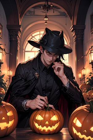 makima, donning a dashing vampire costume, stands amidst a sea of jack-o-lanterns and twinkling lights at the Halloween party. The dimly lit atmosphere is aglow with the warm glow of pumpkins, while sugary treats and festive drinks are scattered across tables. Eren's eyes gleam mischievously as he surveys the scene, his dark locks styled to perfection beneath a fedora. A cobweb-patterned cape flows behind him, completing his eerie yet alluring vampire ensemble,close shot.,