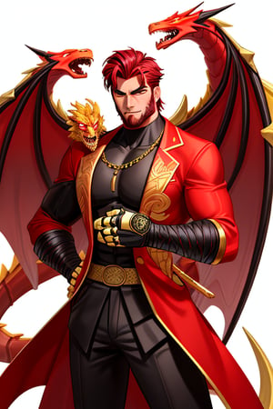 a handsome man, holding a sword, and behind him was a fierce, big, golden dragon