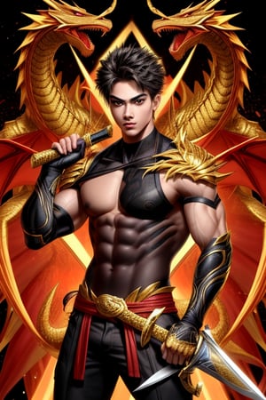 a handsome, boy, holding, a, sword, and, behind, him, was, a, fierce, golden dragon, aura 