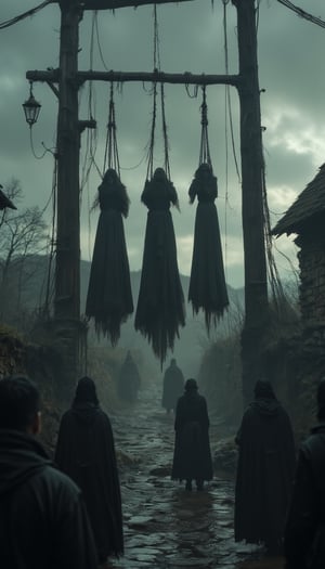 A haunting scene unfolds: Hanged witches' lifeless bodies sway in unison on the Lancashire gallows, their simple clothing stark against the bleak backdrop. Mournful villagers stand at a distance, their faces shrouded in sorrow. The camera captures this morbid tableau in a wide shot, bathed in muted light, as if frozen in time.