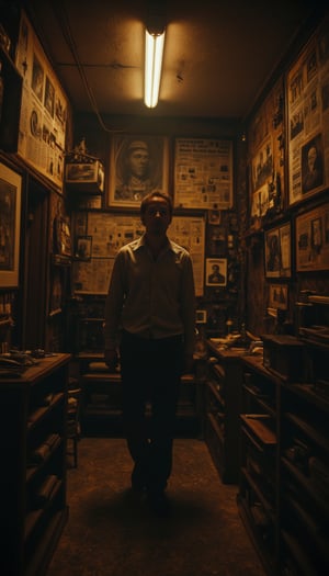 A lone figure paces amidst the musty air of a dimly lit study, surrounded by yellowed photographs that whisper secrets from the past. The flickering fluorescent lights cast an eerie glow on the walls, where vintage newsreels and faded portraits seem to watch with knowing eyes. In this 21st-century setting, the narrator's furrowed brow and introspective gaze convey a sense of profound contemplation. The camera captures their medium shot in hyper-realistic detail, as if suspended in time.