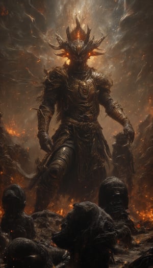 Astaroth, the demon of war, stands victorious on an ancient battlefield, his fearsome warrior persona radiating intensity. Armor adorned with symbols of conflict glints in hyper-realistic detail as he dominates the composition. Enemy figures lie defeated at his feet, a testament to his unyielding ferocity. The action-packed scene is set against a backdrop of worn, weathered terrain, bathed in warm, golden light, evoking a sense of triumph and turmoil.