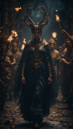 Hecate stands tall, her commanding gaze piercing through the darkness. Flowing robes billow behind her as she leads a procession through the ancient Greek era's velvety night. Torch flames cast flickering shadows on the ground as the camera captures her regal presence in medium shot. Hyper-realistic textures and cinematography bring forth an otherworldly atmosphere, transporting viewers to a realm of mythological grandeur.