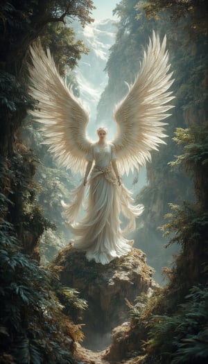 A majestic gathering of angels from all types atop a grand hill teeming with trees and lush vegetation. In the midst, a radiant archangel stands tall, its wings a brilliant white with golden filigree stretching across the vast cinematic space. Framed by the verdant foliage, the angel's ethereal form is bathed in soft, natural light, creating an artistically rendered recuadro within the overall composition.