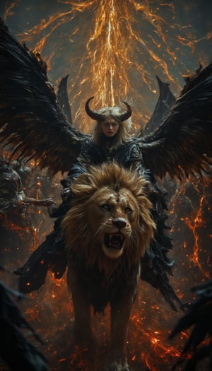 Lilith, the mother of all demons, with blonde hair and large, imposing black wings, looks with intense hatred at the angels from above. Her wings are attached to her back in a natural yet supernatural manner, each feather meticulously detailed and glistening with an ominous sheen. She is riding a majestic lion with large, curved horns, its mane flowing in the wind as it strides confidently. Lilith's facial features are striking and symmetrical, with piercing blue eyes that burn with fury and a stern, determined expression. Her skin is flawless and glows with an ethereal, otherworldly light, contrasting with the dark, tattered robes she wears, which billow dramatically behind her. Behind Lilith, several thousand demons follow, their faces contorted with rage and defiance, their eyes fixed on the angels above. The demons are a diverse and terrifying sight, each with their own unique features and deformities, yet united in their hatred. The angels, in stark contrast, appear serene and contemptuous, their forms radiant and pure, with vivid golden trails emanating from their wings and bodies, symbolizing their divine nature. Lilith and the demons, on the other hand, are surrounded by red trails, representing their anger and malevolence. The cinematic shot captures the dramatic scene from a high angle, with the angels in the foreground and the vast horde of demons stretching out behind Lilith, their combined fury palpable. The detailed faces, hands, legs, and fingers of all figures are meticulously rendered, avoiding any deformities or extra limbs, and the vivid colors and dynamic lighting create a sense of epic conflict and tension