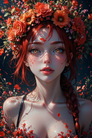 Makima smiling at the camera with a crown of flowers on her head,with her red hair and loose, penetrating gaze, flowers growing from her crown and petals falling around her, anime style, cinematic, high quality, 8k,