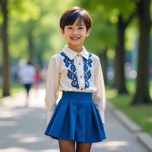 young male with unisex short hair, dark lipstick, eye pencil, and false eyelashes, wearing a blue pleated miniskirt, ivory silk blouse with blue lace embroidery, black stockings, and high-heeled shoes, standing in a public park, 35mm lens shot, mid-shot framing, boy smiling at the camera, natural sunlight, soft shadows, detailed textures, vibrant colors, modern and stylish atmosphere, realistic style.