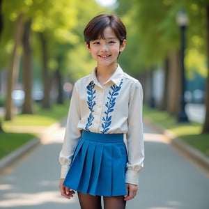 young male with unisex short hair, dark lipstick, eye pencil, and false eyelashes, wearing a blue pleated miniskirt, ivory silk blouse with blue lace embroidery, black stockings, and high-heeled shoes, standing in a public park, 35mm lens shot, mid-shot framing, boy smiling at the camera, natural sunlight, soft shadows, detailed textures, vibrant colors, modern and stylish atmosphere, realistic style.