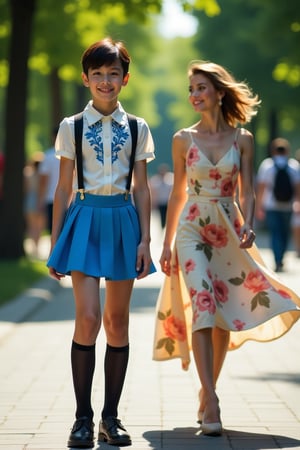 young male with unisex short hair, dark lipstick, eye pencil, and false eyelashes, wearing a blue pleated miniskirt blowing in the wind revealing white underwear, ivory silk blouse with blue lace embroidery, black stockings, and high-heeled shoes, standing in a public park, 35mm lens shot, mid-shot framing, boy smiling at the camera, natural sunlight, soft shadows, detailed textures, vibrant colors, modern and stylish atmosphere, realistic style. Beside him, a 40-year-old elegant woman in a flowery dress with a wide skirt swirling in the wind, both figures in the same scene, dynamic composition, realistic style.