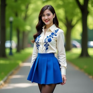 An 18-year-old male crossdresser with dark lipstick, eye pencil, and false eyelashes, wearing a blue pleated miniskirt, ivory silk blouse with blue lace embroidery, black stockings, and high heels. He stands in a public park, smiling at the 35mm lens. Shot from a medium distance, capturing his full-length figure and the park surroundings. Composition highlights his stylish attire and the natural setting.