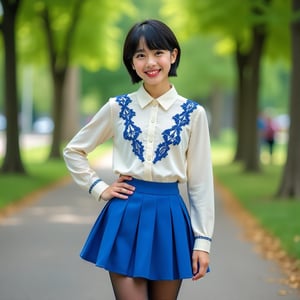 A male androgynous teenager with unisex short hair, dark lipstick, eyeliner, and false lashes, wearing a blue pleated miniskirt, ivory silk blouse with blue lace embroidery, black stockings, and high heels. He stands in a public park, smiling at the camera. The photo is shot with a 35mm lens, capturing a close-up of his confident expression against a natural background.