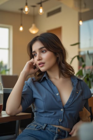 A stunning Indian woman, age 26, sits elegantly in a charming cafe, illuminated by soft morning light streaming through the windows. Her silky bob falls just above her shoulders, framing her heart-shaped face. She wears a blue shirt and fitted jeans, highlighting her toned physique. 