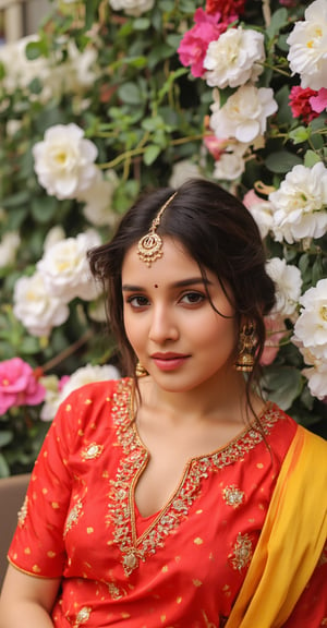 a beautiful Indian woman, dressed in a traditional red and gold saree, adorned with a gold headband. Her hair is styled in a sleek bob, adding a touch of beauty to her outfit. She is seated in front of a backdrop of white and pink flowers, her hair cascades down to her shoulders. The saree is adorned in a vibrant red and yellow pattern, with a matching gold embroidery in the center of her chest. Her bangs are adorned with silver rings, adding contrast to her attire. The backdrop is a mix of green foliage and white flowers, creating a vibrant contrast to the woman's outfit. 