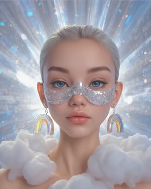 a surreal portrait of a beautiful girl wearing huge glass rainbow-shaped earrings. The light coming through the earrings and reflects on the white sparkling walls. The girl has white slicked back hair and wearing sparkling maskara. She has clouds on her shoulders. Surreal portrait for a magazing cover.