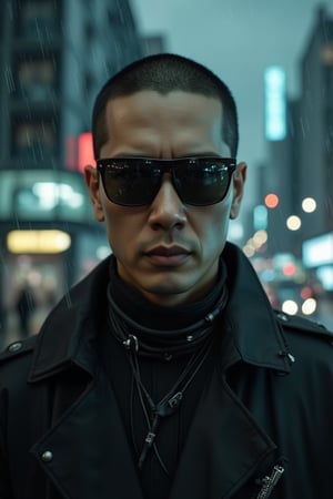 A close-up shot of a man wearing sleek black sunglasses and a long, flowing black leather trench coat, reminiscent of characters from *The Matrix*. His expression is stoic, exuding a sense of mystery and power. The futuristic coat is detailed with subtle metallic accents and cybernetic enhancements visible on his neck and collar. The background features a dark, dystopian city with neon lights reflecting off his sunglasses, digital rain falling, and towering skyscrapers in the distance, evoking a cyberpunk atmosphere. The scene is intense and filled with a futuristic, high-tech vibe, focusing on the man's upper body and head, capturing his presence and confidence.,FuturEvoLabScene
Sampler
Euler
Steps
20
35mm 1.4