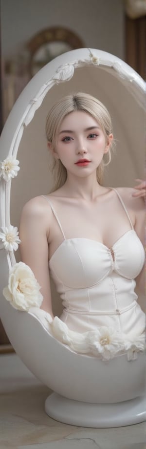 albino demon girl,lounging in an egg-shaped cradle. Her slender figure reclines comfortably within the smooth, curved interior, surrounded by the warmth and security of the eggshell. With eyes closed and a peaceful expression, she appears serene and content, her pale skin glowing softly in the gentle light. Long lashes frame her closed eyes, and her delicate features convey a sense of tranquility and beauty. Despite the unconventional setting, she exudes an aura of quiet grace and otherworldly charm,princess