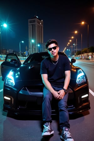 color splash : Handsome thai man man wearing black T-shirt, jeans and sunglasses poses for a photo with Nissan GTR R35 NISMO. He sits in various poses by the open door of the car, with beautiful city lights at night behind him. Photo taken by professional photographer.