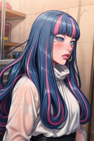 eida,long hair,blue hair,pink hair,multicolored hair,blue eyes,lips,two-tone hair,bangs,blunt bangs,streaked hair, long hair, bangs, blue eyes, very long hair, blue hair, pink hair, multicolored hair, earrings, blunt bangs, two-tone hair, streaked hair