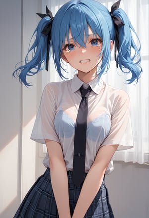  score_9, score_8_up, score_7_up,bangs, hair_ribbon, hair between eyes, source_anime,(perfect face), 1girl, solo, black shirt, necktie,  blue eyes, twintails, blue hair, short hair, hair, high twintails,clenched_teeth, teeth, blush, white shirt, skirt, tears, see-through, plaid skirt, short sleeves, looking at viewer, 