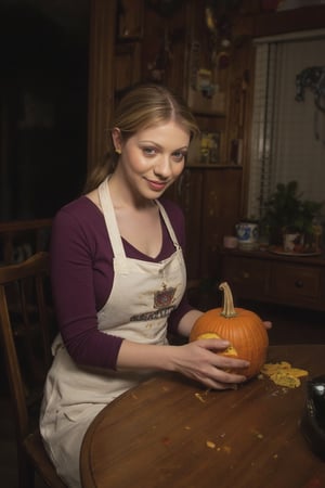 Michelle Trachtenberg sits at a wooden kitchen table, carving a Halloween pumpkin with a warm and inviting atmosphere. Her shoulder-length blonde hair is tied back in a ponytail, with a few stray strands framing her face. A white apron is wrapped around her waist, stained with orange and yellow pumpkin residue from the carving process. The camera captures a cozy and playful moment, blending eerie and whimsical tones as Michelle's bright smile suggests excitement for the Halloween celebration.