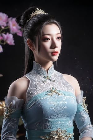 A majestic ancient oriental beauty poses amidst a serene palace setting. The subject's delicate face with exquisite facial features and makeup is framed by a stunning bun, adorned in gorgeous clothes and accessories that exude fairy-like elegance. Peonies and delicate brushwork create a whimsical atmosphere, while water ripples and dark magic hints at mystique. Rotating airflow and advanced light techniques enhance the subject's self-illumination, set against a museum-quality black background with luminous particles. The composition is masterfully balanced, featuring high-definition details, strong contrast, and a sense of story.,REALSKIN,Xguxuner,SHORT,photo,Xxiaoxuner