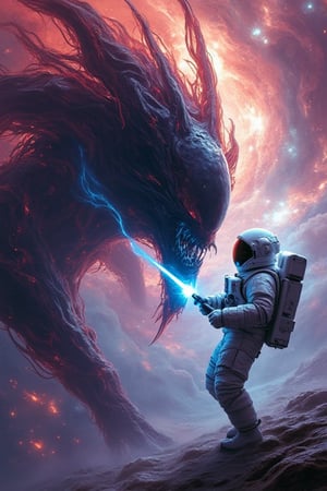 An astronaut, clad in a white spacesuit, floats amidst the swirling colors of a vibrant nebula. Before him, a shadowy, amorphous alien entity emerges, its form shifting and pulsing like living black liquid. Tendrils lash out, glistening with an otherworldly sheen. The astronaut brandishes a plasma cutter, its blade glowing blue against the cosmic backdrop. A tense standoff ensues, the silence of space amplifying the high stakes of their encounter in this surreal, ethereal battleground.,mparthan83