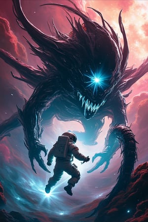 An astronaut, clad in a white spacesuit, floats amidst the swirling colors of a vibrant nebula. Before him, a shadowy, amorphous alien entity emerges, its form shifting and pulsing like living black liquid. Tendrils lash out, glistening with an otherworldly sheen. The astronaut brandishes a plasma cutter, its blade glowing blue against the cosmic backdrop. A tense standoff ensues, the silence of space amplifying the high stakes of their encounter in this surreal, ethereal battleground.,mparthan83