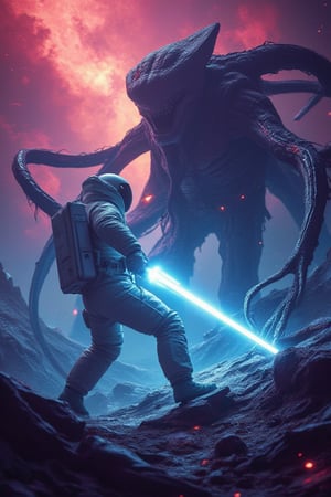 An astronaut, clad in a white spacesuit, floats amidst the swirling colors of a vibrant nebula. Before him, a shadowy, amorphous alien entity emerges, its form shifting and pulsing like living black liquid. Tendrils lash out, glistening with an otherworldly sheen. The astronaut brandishes a plasma cutter, its blade glowing blue against the cosmic backdrop. A tense standoff ensues, the silence of space amplifying the high stakes of their encounter in this surreal, ethereal battleground.,mparthan83,cinematicxhan