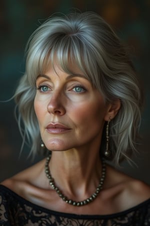 masterpiece portait, Hyperrealistic, stunning beauty russian, high detail, cinematic photo Medium format photography, A woman in her 50s, looking slightly off camera, she has freckles, blue eyes, she has Lush graying hair with bangs, she wears an ornate necklace headshot with a blurred background and strong bokeh, beauiful soft even lighting accross face, 
highly detailed, best quality, 8k uhd, Nikon 70d, ISO200, F/2.8, 1/25sec, 70mm . 35mm photograph, film, bokeh, professional, 4k, highly detailed