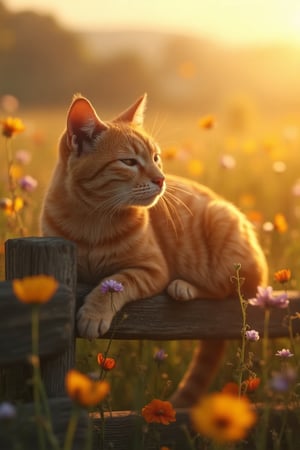 Ultra HD photograph capturing a realistic, highly detailed digital painting of an orange tabby cat relaxing on a wooden fence in a field of vibrant wildflowers during sunset. The cat has its eyes closed, enjoying the warmth of the golden sunlight as it basks in the serene atmosphere. The warm hues of the sunset cast a soft glow on the scene, highlighting the cat's fur and the surrounding flowers. The background features a blurred landscape with a peaceful countryside. The shot captures the essence of a serene, peaceful sunset scene, with every detail rendered in ultra HD clarity, emphasizing the beauty of the orange tabby cat and vibrant wildflowers.