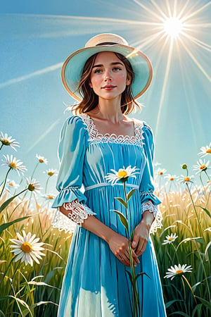 A female character standing amidst tall grasses, bathed in the soft glow of sunlight. She wears a light blue dress and a wide-brimmed hat adorned with lace. The character holds a white daisy close to her face, seemingly in awe or admiration. The background is a serene blue sky with rays of sunlight filtering through, creating a dreamy atmosphere., cinematic, illustration, photo, poster