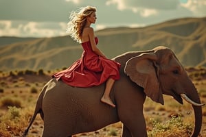 masterpiece portrait, Hyperrealistic, stunning beauty russian, high detail, cinematic photo Medium format photography, A woman in her 20s, excotic model,lush ling blond hair, tan skin, feckles, wearing a red silk dress long legs, barefoot, riding a magnificent elephant 
accross the plains, highly detailed, best quality, 8k uhd, Nikon 70d, ISO200, F/2.8, 1/25sec, 70mm . 35mm photograph, film, bokeh, professional, 4k, highly detailed she is in a dramatic 70s theme living room, dramatic
