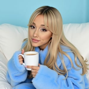 Ariana Grande hair blonde down straight with small curtain bangs, wearing bright blue comfy warm clothes, sitting on a white couch with cloud white pillows, light blue wall, holding a white cup with coffee,  beautiful makeup, flawless, cute