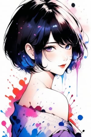 Very beautiful Japanese girl, elegant woman, ink droplets, short hair, side bang,((colorful: 1.2)), ink splashing, white background, ((masterpiece: 1.4)), medium shot,  off shoulder sweater, looking at viewer, ((stunning image: 1.5)), Ink art style