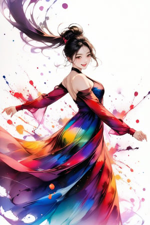 Very beautiful Japanese girl, elegant woman, dancing, ink droplets, black hair, updo hairstyles with long side locks, smile, glamorous face, ink splashing, white background, ((masterpiece: 1.4)), ((colourful:1.2)), cowboy shot, front view,  deep V long dress made of multi-colour ink splashes, flare sleeves, arms up, flowing sleeves, floating dress, flowing dress, vibrant colour dress, looking at viewer, ((stunning image: 1.5)), Ink art style