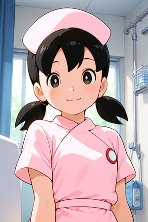 score_9, score_8_up, score_7_up, score_6_up, score_5_up, score_4_up, source_anime, anime coloring,minamoto shizuka, low twintails, black hair, short hair, black eyes, 1girl, nurse uniform, smile, hospital,