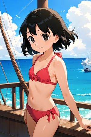 score_9, score_8_up, score_7_up, score_6_up, score_5_up, score_4_up, source_anime, anime coloring,minamoto shizuka, black hair, medium hair, black eyes, 1girl, pink bikini, stand, smile, on ship, blue sky, sea ​​breeze, sea,