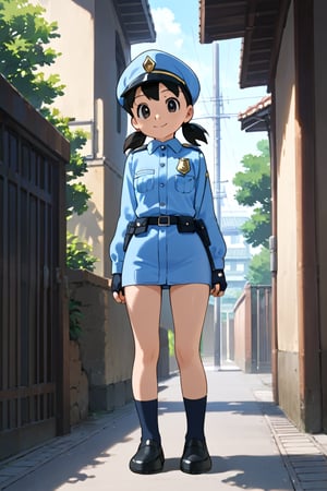 score_9, score_8_up, score_7_up, score_6_up, score_5_up, score_4_up, source_anime, anime coloring,minamoto shizuka, low twintails, black hair, short hair, black eyes, 1girl, police uniform, stand, smile, police station,