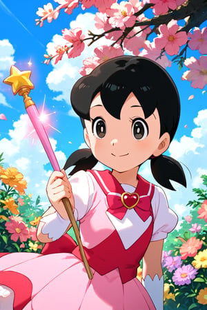 score_9, score_8_up, score_7_up, score_6_up, score_5_up, score_4_up, source_anime, anime coloring,minamoto shizuka, low twintails, black hair, short hair, black eyes, magical girl outfit, magic wand, stand, smile, open nouth, flowers, blue sky,