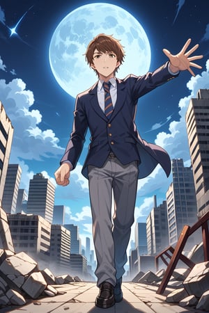 score_8_up, score_7_up, Expressiveh, masterpiece, best quality, best aesthetics, perfect anatomy, perfect proportions, high resolution, good colors, good shading, good eyes, countershading, well detailed background, intricate details, all intricate and precise, BREAK,
an anime man standing in the middle of the city with his right arm up, profile, focused, dynamic angle, dynamic view, male focus, 1boy, solo, outdoors, looking at viewer, outstretched right hand, outstretched right arm, reaching, right arm up, from below, parted lips, BREAK, 
kamisato_kakeru, brown_hair, brown_eyes, BREAK, 
blue_blazer, white_shirt, long_sleeves, striped_necktie, belt, grey_pants, black_shoes, school_uniform, BREAK,
night, outdoors, city, ruined city, dirty looking environment, skyscrapers, futuristic city, windmills, sci-fi, night, moon, starry_sky, clouds, dark, moonlight, moon_light, blue_light, blue light, windy, rubble, ruins, cloud, sky, grey sky, cloudy, cloudy_sky, grey_sky, dark_sky, shadows