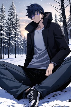 1 man, winter, season, forest,snow fall, heavy snow fall,  perfect hands, perfect anatomy, perfect body,good art, High quality,sun set, evening time, cutting trees,Jin woo, sweatr shirt,black pant,shoes,black hairs,male focus,solo,glowing,perfect anatomy,snow fall,large wolly coat,wolly sweater, sitting on stone, muscular body, muscular anatomy,dark blue eyes,short hair,glowing eyes,pants,blue eyes,detailed face Shadow Monarch Aura 1boy,purple eyes,motion blur,purple magic,Blue Aura 1boy,blue eyes,blue aura