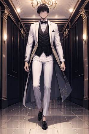 1 men,two piece suit ware,white colour suit,black colour shirt, white colour bow tie,white colour pant, classes  shoes, standing, holding shampain glass, shampain drink,royal party,golden royal party hall,gold art work on tuxedo,black hairs,dark purple eyes,big anatomy, perfect body, perfect anatomy, perfect fingers, perfect legs, perfect tuxedo,lips,male focus,short hair,glowing eyes,closed mouth,royal party background,solo,solo standing, muscular anatomy,  hall background
, Other persons, standing on stage