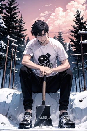 1 man, winter, season, forest, cutting trees, sweat,snow fall, heavy snow fall, cutting a wood by axe, perfect hands, perfect fingers, perfect legs, perfect anatomy, perfect body,good art, High quality,sun set, evening time, cutting trees,Jin woo, sweat t shirt,black pant,shoes,black hairs,male focus,solo,glowing,axe,axe in hands, holding axe, perfect anatomy