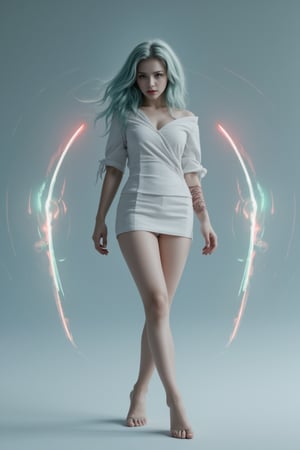  minimalis and simple, WLOP Art style, GhostBlade , realism,, realistic, woman model fashion concept ,,fullbody,  white blue  red green tone, fire effect, rim light,