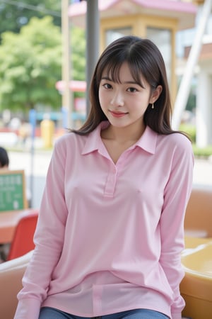 background is amusement park, 20 yo, 1 girl, beautiful Japanese girl, wearing pink collared long sleeve shirts,short jeans, happy smile, ride a merry-go-round, solo, {beautiful and detailed eyes}, dark eyes, calm expression, delicate facial features, ((model pose)), Glamor body type, (dark hair:1.2), simple tiny earrings, very_long_hair, hair past hip, bang, straight hair, flim grain, realhands, masterpiece, Best Quality, 16k, photorealistic, ultra-detailed, finely detailed, high resolution, perfect dynamic composition, beautiful detailed eyes, eye smile, ((nervous and embarrassed)), sharp-focus, full_body, cowboy_shot,