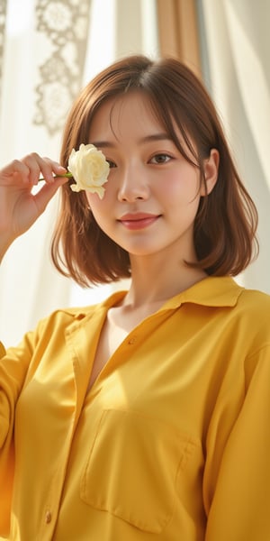 Realistic illustration, Surreal, Masterpiece, Elaborate details), (Simple background), ((Masterpiece, Best quality, High resolution, Highly detailed CG integrated 8K wallpaper)), An American woman with a perfect beautiful face, holding a white rose to her left eye and a pure bright smile. She is wearing an oversized yellow boxy shirt. Bright sunlight is filtered through the lace curtains fluttering in the wind behind her, creating a mysterious and fantastic scene. Stereoscopic, Aesthetic, Cinematic,